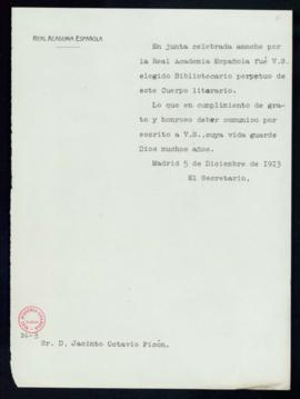 Copia sin firma del oficio del secretario [Emilio Cotarelo] a Jacinto Octavio Picón de comunicaci...