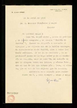 Carta de Sebastián Juan Arbó a Melchor Fernández Almagro en la que le dice que acaba de publicar ...