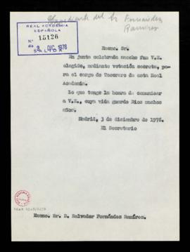 Copia sin firma del oficio del secretario [Alonso Zamora Vicente] a Salvador Fernández Ramírez, d...