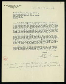 Carta de C. F. Adolf van Dam a Julio Casares en la que acepta la representación de la Academia en...