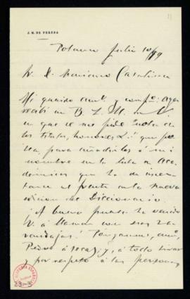 Carta de José M[aría] de Pereda al secretario, Mariano Catalina, en la que pide que se añada a su...