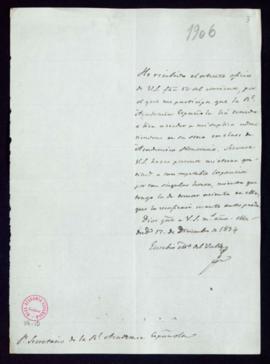 Carta de Eusebio M[arí]a del Valle al secretario accidental [Juan Nicasio Gallego] en la que agra...