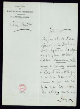 Carta de Adolfo de Castro al director [el marqués de Molins] con la que adjunta unos ejemplares d...