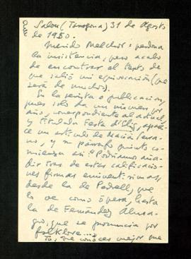Tarjeta de Federico García Sanchiz a Melchor Fernández Almagro en la que transcribe el texto de l...
