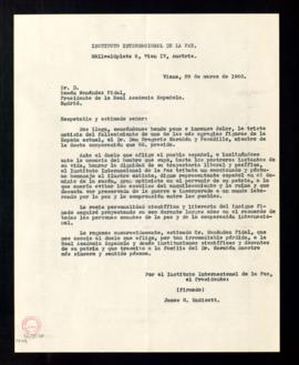 Copia de la carta enviada por el presidente del Instituto Internacional de la Paz a Ramón Menénde...