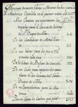 Memoria de varios gastos menores hechos para la Academia en el primer medio año de 1777