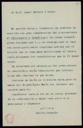 Copia sin firma de la carta de Ángel Sallent y Gotés a Emilio Cotarelo en la que le agradece el e...