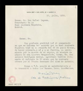 Carta de María Brey, viuda de Antonio Rodríguez-Moñino, a Rafael Lapesa, secretario de la Real Ac...