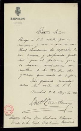 Carta de J[uan] Ant[oni]o Cavestany al director, Antonio Maura, de agradecimiento a la Academia p...