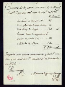 Cuenta de gastos menores del mes de noviembre de 1798