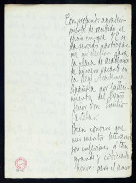 Carta de Jacinto Octavio Picón al secretario [Mariano Catalina] de agradecimiento a la Academia p...