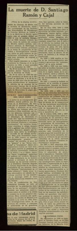 Recorte de prensa con la noticia La muerte de D. Santiago Ramón y Cajal