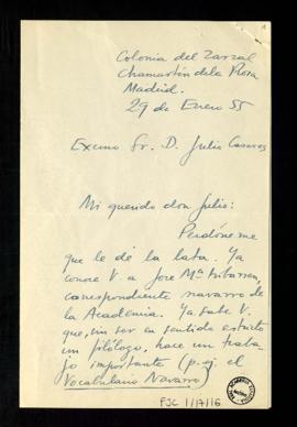 Carta de Dámaso Alonso a Julio Casares en la que ensalza la labor del correspondiente navarro Jos...