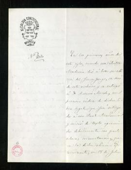 Carta de Pedro Díaz, alcalde de Murcia, [a Juan de la Pezuela Ceballos] en la que se interesa por...