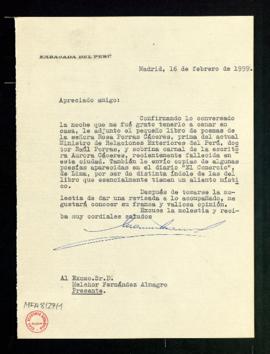 Carta del embajador del Perú a Melchor Fernández Almagro con el que le remite un pequeño libro de...