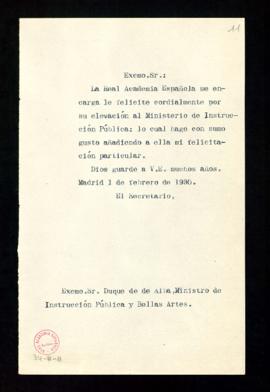 Copia sin firma del oficio del secretario al duque de Alba de traslado de felicitación de la Acad...