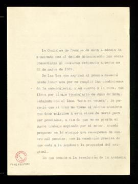 Dictamen de la comisión formada por Ramón Menéndez Pidal, Emilio Cotarelo, Julio Casares, Francis...