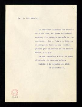 Copia sin firma del oficio del secretario a Pío Baroja de traslado del pésame de la junta por el ...