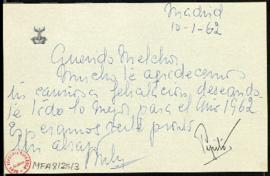 Tarjeta de los condes de Elda en la que agradecen a Melchor Fernández Almagro su felicitación y l...