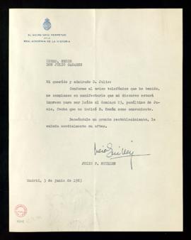 Carta de Julio Guillén, secretario perpetuo de la Real Academia de la Historia, a Julio Casares m...