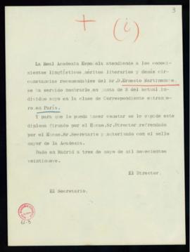 Minuta del diploma de Ernesto Martinenche de académico correspondiente extranjero en París