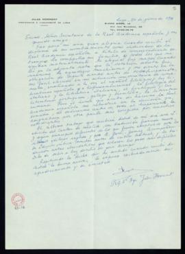 Carta de Jules Horrent al secretario de la Academia en la que agradece su nombramiento como indiv...