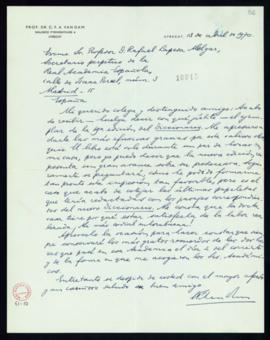 Carta de C. F. Adolf van Dam a Rafael Lapesa en la que acusa recibo de la 19.ª edición del Diccio...