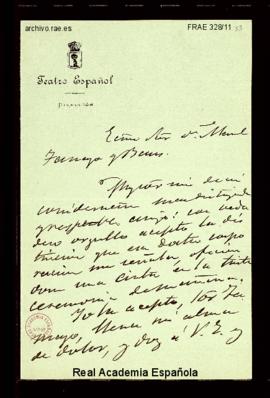Carta de Antonio Vico, director del Teatro Español, a Manuel Tamayo y Baus de aceptación de su de...
