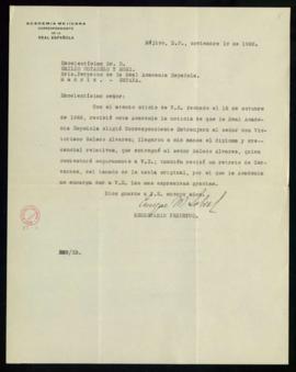 Carta de Enrique M. Sobral, secretario de la Academia Mexicana, a Emilio Cotarelo y Mori, secreta...