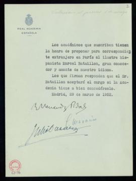 Propuesta de Marcel Bataillon como académico correspondiente extranjero en París