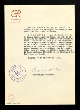 Certificación de Eugenio d'Ors y Rovira, secretario perpetuo del Instituto de España, de la jura ...