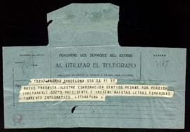 Telegrama de pésame de Torrents, catedrático de Literatura, al secretario [Julio Casares] por el ...