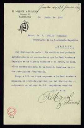 Carta de Ramón Miquel y Planas a Emilio Cotarelo en la que acusa recibo de su nombramiento como a...