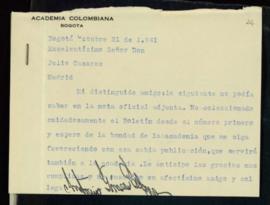 Carta de Antonio Gómez Restrepo a Julio Casares en la que le pide que le siga enviando el Boletín