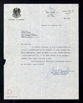 Carta de pésame de José Manuel Rivas Sacconi, secretario de la Academia Colombiana de la Lengua, ...