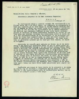 Carta de C. F. Adolf van Dam a Julio Casares con la que remite una nueva lista de adiciones y cor...