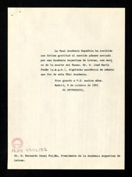 Copia sin firma del oficio del secretario [Alonso Zamora Vicente] a Bernardo Canal Feijóo, presid...