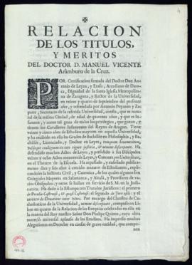 Copia de la relación de los títulos y honores del doctor D. Manuel Vicente Aramburu de la Cruz