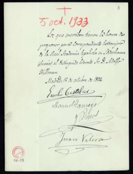 Propuesta firmada por Emilio Castelar, Manuel Tamayo y Baus y Juan Valera de la candidatura de Ad...