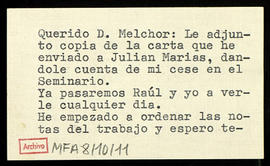 Tarjeta de Elías Díaz a Melchor Fernández Almagro con la que le envía copia de la carta que ha di...