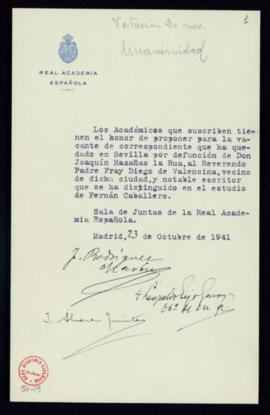 Propuesta de Fray Diego de Valencina como académico correspondiente en Sevilla en la vacante por ...