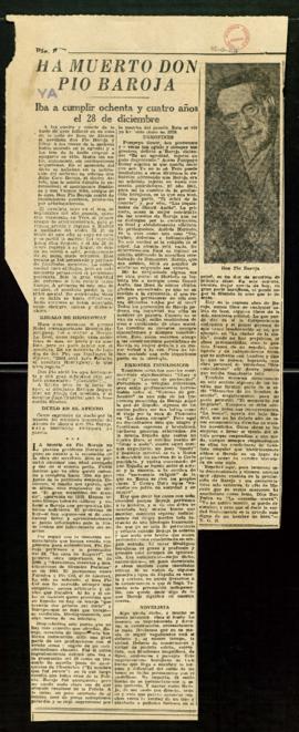 Recorte de prensa de diario Ya con un artículo necrológico de Pío Baroja firmado por N.G.R.