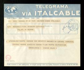 Telegrama de pésame de Chacón Calvo, de la Academia Cubana, a Ramón Menéndez Pidal, por el fallec...