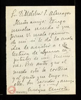 Carta de Enrique Chicote a Melchor Fernández Almagro en la que le dice que teme que tenga una mal...