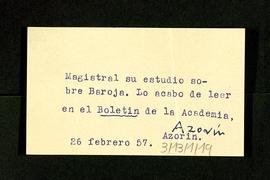 Tarjeta de Azorín en la que le felicita por su magistral estudio sobre Baroja que ha publicado en...