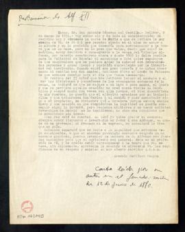 Copia de la carta del general Martínez Campos a Antonio Cánovas del Castillo leída por su autor e...