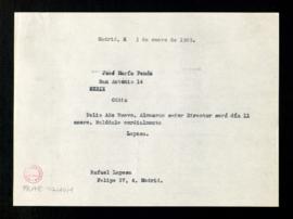 Texto del telegrama de Rafael Lapesa a José María Pemán en el que le felicita el año y le dice qu...