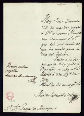 Orden de Manuel de Lardizábal del pago a Lorenzo Muntaner de 600 reales de vellón por el tirado d...
