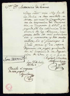 Carta de Rafael Sánchez de Aguilera a Mauricio de Cano sobre la recepción de 60 resmas de papel d...