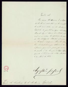 Carta de Agustín Pascual al secretario con la que remite su discurso de recepción junto con un vo...
